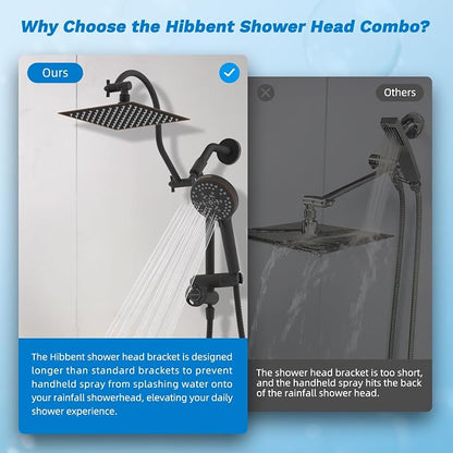 Hibbent High Pressue All Metal 8" Rainfall Shower Head, Handheld 10-Spray | cUPC Certified Oil-Rubbed Bronze Dual Showerhead Combo, 4-way Diverter with Pause Mode, Extension Arm, 71'' Hose & Holder