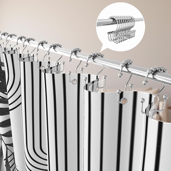 3 in 1 Shower Curtain Set, Boho Mid Century Modern | Black and White Leaf Polyester Bath Curtain with Magnetic PEVA Liner and 12 Double Sided Stainless Steel Hooks, 72x72 Inches