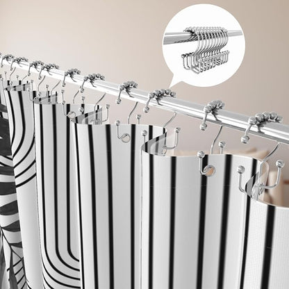3 in 1 Shower Curtain Set, Boho Mid Century Modern | Black and White Leaf Polyester Bath Curtain with Magnetic PEVA Liner and 12 Double Sided Stainless Steel Hooks, 72x72 Inches