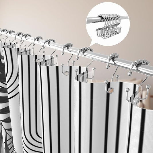 3 in 1 Shower Curtain Set, Boho Mid Century Modern | Black and White Leaf Polyester Bath Curtain with Magnetic PEVA Liner and 12 Double Sided Stainless Steel Hooks, 72x72 Inches