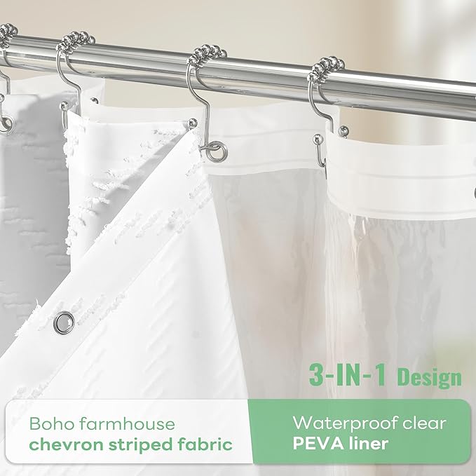 Dynamene Stall Shower Curtain and Liner Set - 54 x 78 inch Long Boho Shower Curtain and Waterproof Clear Liner, Tufted Chevron Striped Tassel Shower Curtains for Bathroom, 10 Hooks, 54x78, White