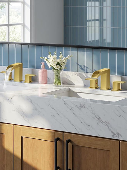 FORIOUS Waterfall Bathroom Faucet 3 Hole Vanity Sink 2 Pack Brushed Gold | 8 Inch Widespread Bathroom Sink Faucet with Pop-up Drain, Lead-Free, Two Handles, for RV Vanity Lavatory Farmhouse Basin