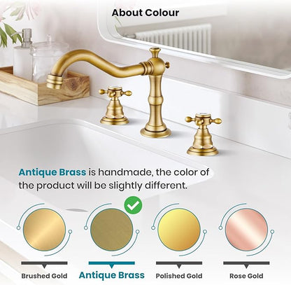 gotonovo Bathroom Faucet 3 Hole 8 Inch Widespread Bathroom Sink Faucet 2 Cross Handles Vintage Lavatory Vanity Mixer Tap with Pop Up Drain, Round Font Label, Antique Brass
