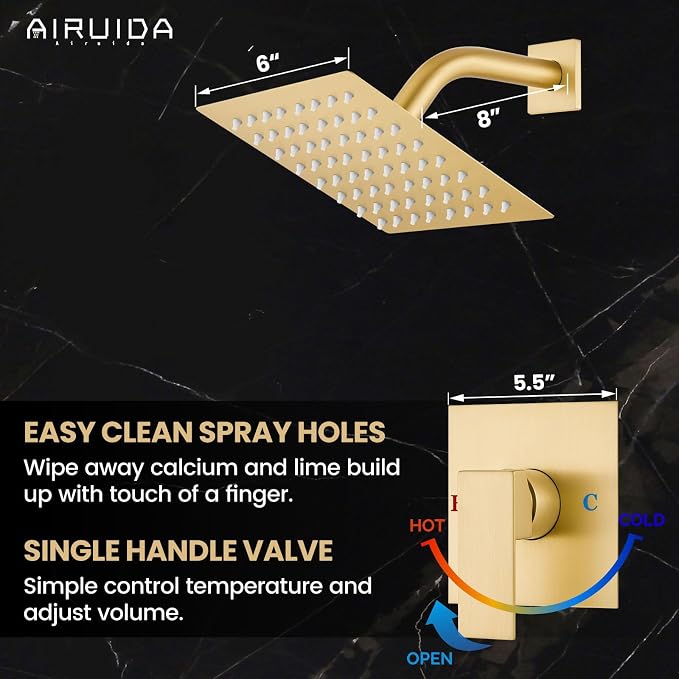 Airuida Shower Faucet Set,6 Inch Shower Valve Kit,Brushed Gold | Male Threads,Rough-in Valve Shower Trim Kit,Single Handle Control Shower Set