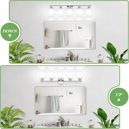 5-Light Brushed Nickel Vanity Lights, Bathroom Light Fixtures with Textured Milky White Glass Shade, Modern Bathroom Lighting Fixtures Over Mirror Wall Sconce Light - E26 Base
