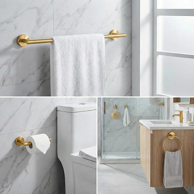 5-Piece Bathroom Hardware Set, Gold SUS304 Stainless Steel Bathroom Accessories Kit, Includes 24" Towel Bar, Toilet Paper Holder, Towel Ring & 2 Robe Hooks, Wall Mounted, Rustproof Modern Design