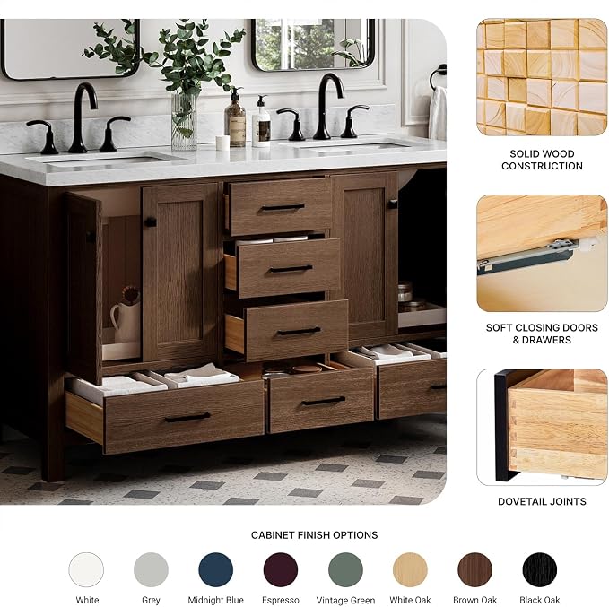 ARIEL Cambridge 60-inch Bathroom Vanity with Sink,Solid Wood, 1.5-inch Italian Carrara Marble Countertop, Double Rectangular Porcelain Sink, 4 Soft Closing Doors, 6 Dovetail Drawers, Brown Oak