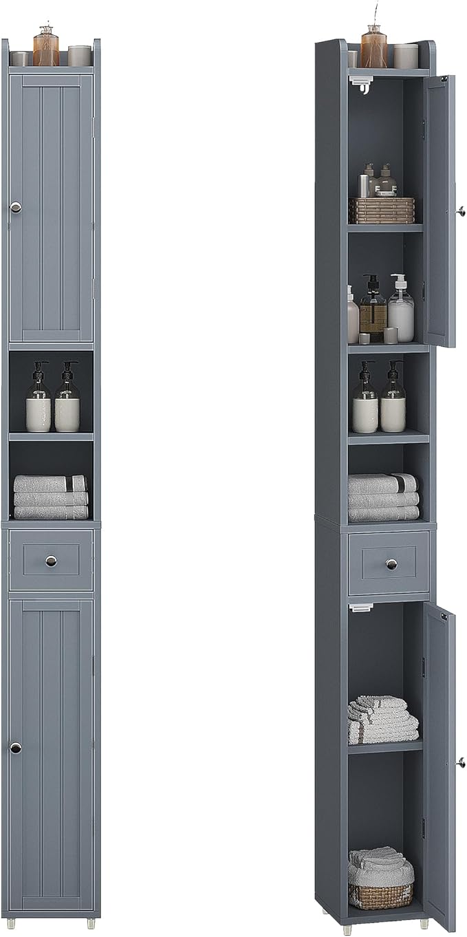 ChooChoo Narrow Bathroom Storage Cabinet with Adjustable Shelves, Tall Storage Cabinet with 2 Doors and 1 Drawer, Freestanding Cupboard for Small Spaces, Grey