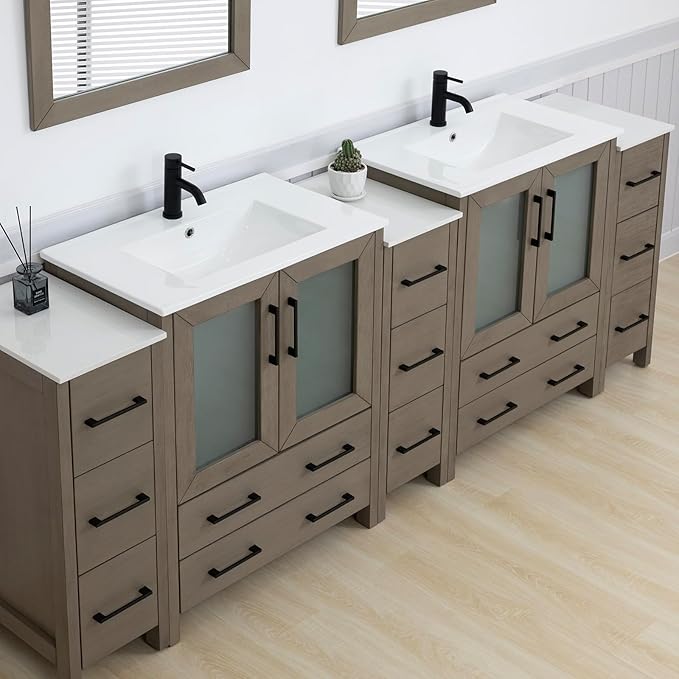 Vanity Art 96 Inch Under Mount Double Sink Bathroom Vanity Cabinet with 2 Mirrors, Ceramic Top Bathroom Cabinet Compact Set with 13 Dovetail Storage Drawers and Matte Black Handles, VA3030-96-DG