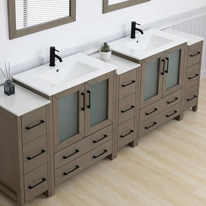 Vanity Art 96 Inch Under Mount Double Sink Bathroom Vanity Cabinet with 2 Mirrors, Ceramic Top Bathroom Cabinet Compact Set with 13 Dovetail Storage Drawers and Matte Black Handles, VA3030-96-DG