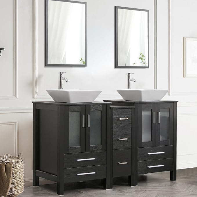 60" Double Vanity(2 * 24" Vanity,2* Porcelain Vessel Sink Combo(Square),1 * 12" Side Cabinets),Double Bathroom Vanity Top with Porcelain Sink,Faucet Drain Parts Include,Mirror Not Included