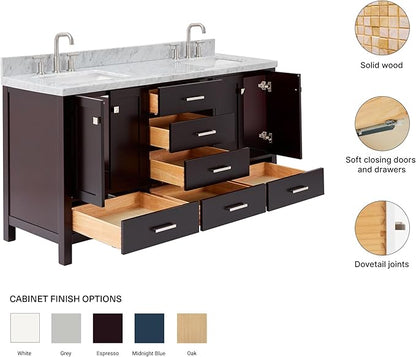ARIEL Cambridge 66-inch Bathroom Vanity with Sink,Solid Wood, 1.5-inch Italian Carrara Marble Countertop, Double Rectangular Porcelain Sink, 4 Soft Closing Doors, 6 Dovetail Drawers, Espresso