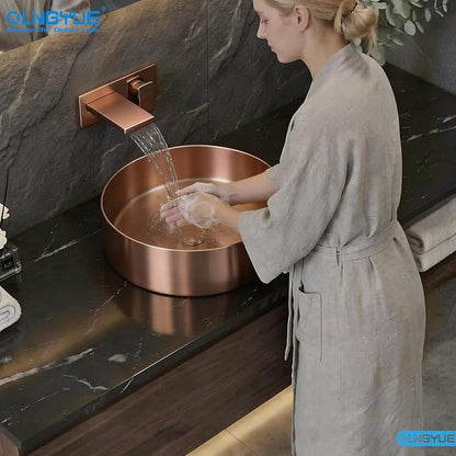 Round Metal Bathroom Vessel Sink: 16" Modern Lavatory Basin - Rose Gold | Above Counter Vanity Washbasin with Stainless Steel PVD Nano Coating Pop Up Drain for Home Hotel Office Toilet Renovation