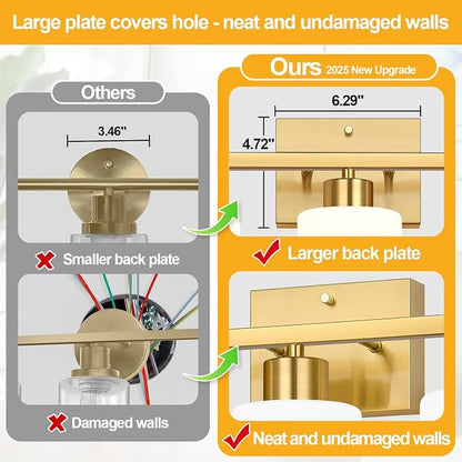 3-Light Bathroom Light Fixtures, Brushed Gold Vanity Light, Bathroom Vanity Light with Milky White Frosted Glass Shades, Bathroom Light for Mirror, Bedroom, Hallway, or Living Room