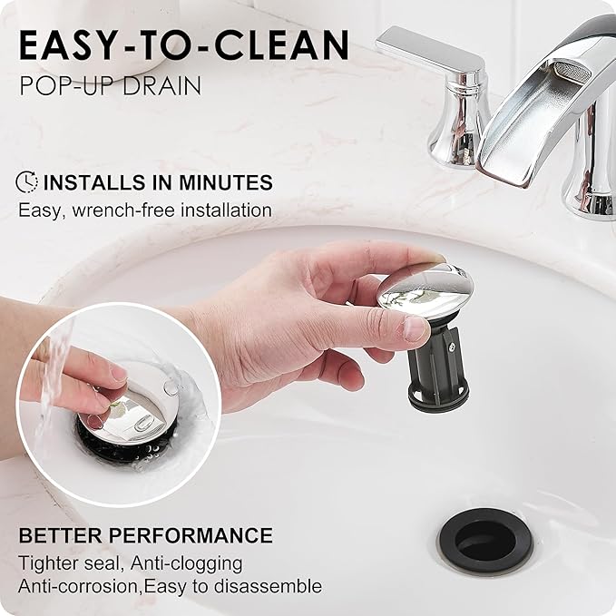 Chrome Modern Bathroom Faucet Waterfall 4-8 Inch 3 Hole Bathroom Sink Faucet Widespread with Pop-up Drain and cUPC Supply Line, 2 Handle for Vanity, Lavatory, Restroom, Apartment, Brass Material