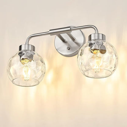 zeyu 16-Inch 2-Light Bathroom Lighting Over Mirror Fixture, ZS62BG-2W BN-WG | Compact Nickel Bathroom Light, 16-Inch 2-Light Design, Water Ripple Globe Glass, Hardwired, Up/Down Mount, ETL Listed