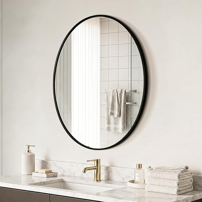 Black Oval Bathroom Mirror for Wall, 22"x28" Bathroom Vanity Mirror | HD Shatterproof Glass, Metal Framed, Oval Vanity Mirrors for Bathroom, Bedroom, Living Room, Entryway, Horizontal or Vertical