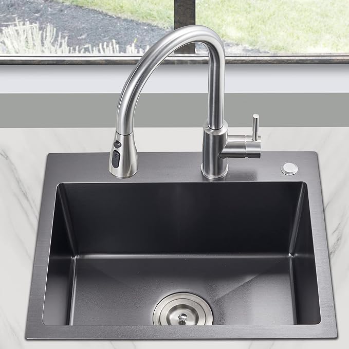 Black Topmount Kitchen Sink - 24”×18” Single Bowl Sink | 9 Inch Deep Handmade Bar Sink with Strainer, Stainless Steel 304, Center Drain, X-Groove Drainage, Sound-Dampening Pad