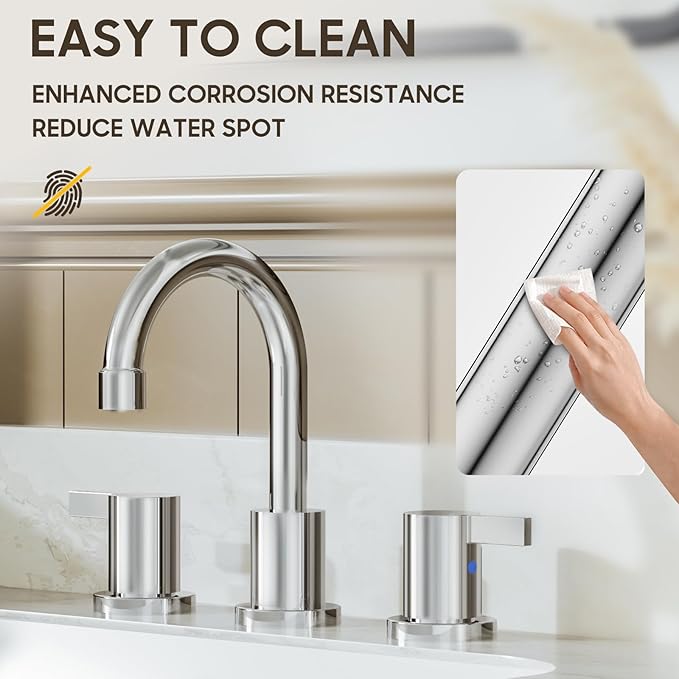 Phiestina 8 Inch 3 Hole Widespread Chrome Bathroom Faucet 2 Handle Bathroom Vanity Faucet with Metal Pop Up Drain & Water Supply line,BF03042-K01-C