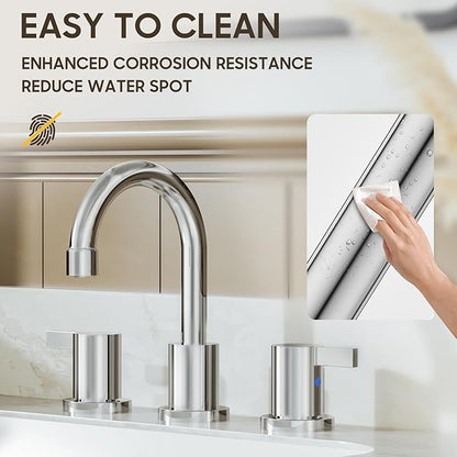 Phiestina 8 Inch 3 Hole Widespread Chrome Bathroom Faucet 2 Handle Bathroom Vanity Faucet with Metal Pop Up Drain & Water Supply line,BF03042-K01-C