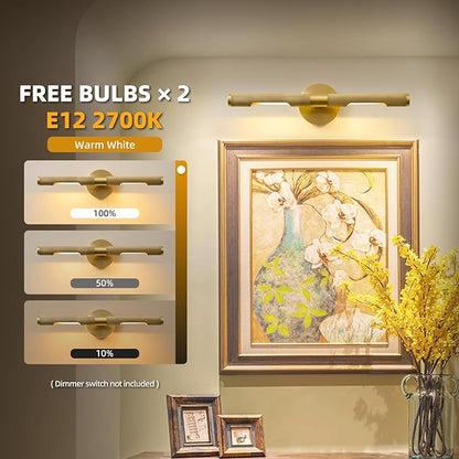 Museum Gallery Bathroom Picture Light - 19 Inch Long Gold Brass Dimmable Hardwired Wall Sconces with E12 Bulb - Frame Pictures Art Deco Sconce Lights for Painting Photo Artwork Library Vanity Over