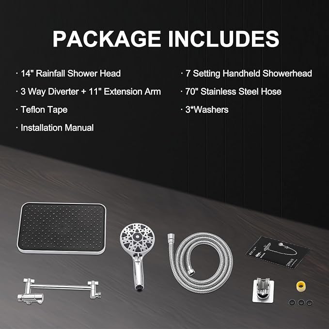14 Inch Square Rain Shower Head Combo, 7 Settings Handheld Spray, Water Saving with Check Valve, Anti-Clog Nozzles, Tool-Free Installation for Bathroom Upgrade