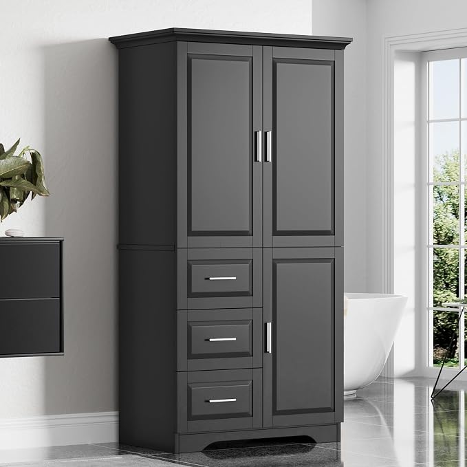 Merax 62.2" Pantry Cabinet with Three Doors & Three Drawers, Adjustable Shelves Storage Cupboard for Kitchen/Dining Room/Bathroom, Black