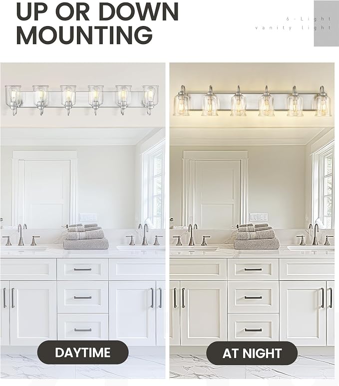 zeyu 44-Inch 6-Light Modern Bathroom Light with Clear Glass, ZSL72B-6W BN | Brushed Nickel Vanity Lighting, Up Or Down Mount, ETL Listed, 6 E26 Bulbs Up To 60W Each, For Bathroom Mirror, Bedroom