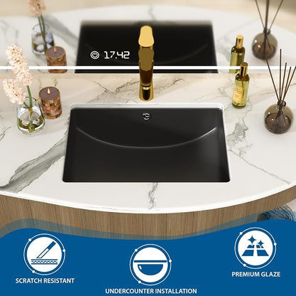 Black Undermount Bathroom Sink 21.1"x15.1"Ceramic Basin | Modern Porcelain Under Counter Bathroom Vanity Sink, Interior Bowl 19.2"x 13.1", Rectangular Undermount Basin with Overflow