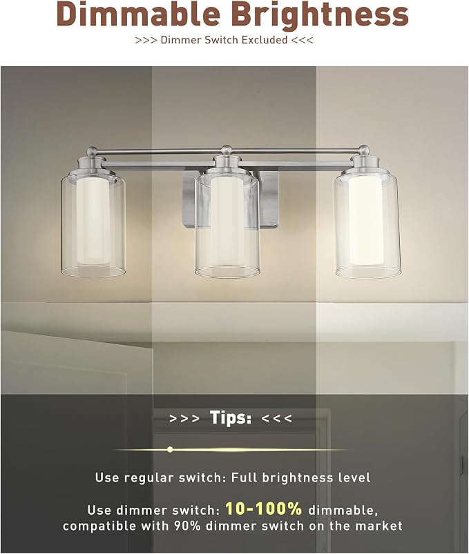 HWH Modern Bathroom Light Fixtures, Clear Glass, 5CCT, 5HLT63B-3W-LED BN | Dimmable, Brushed Nickel, 18W, Vanity Lights for Bathroom, Wall Light Fixtures, Smooth LED Brightness Adjustment, ETL Listed
