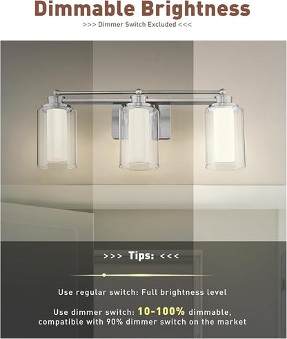 HWH Modern Bathroom Light Fixtures, Clear Glass, 5CCT, 5HLT63B-3W-LED BN | Dimmable, Brushed Nickel, 18W, Vanity Lights for Bathroom, Wall Light Fixtures, Smooth LED Brightness Adjustment, ETL Listed