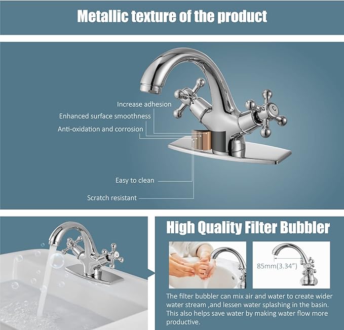 Aolemi Bathroom Sink Faucet Single Hole Cold and Hot Double Handle Cross Knobs Vanity Vessel Sink Basin Mixer Tap with Deck Cover Plate Without Pop Up Drain Polish Chrome