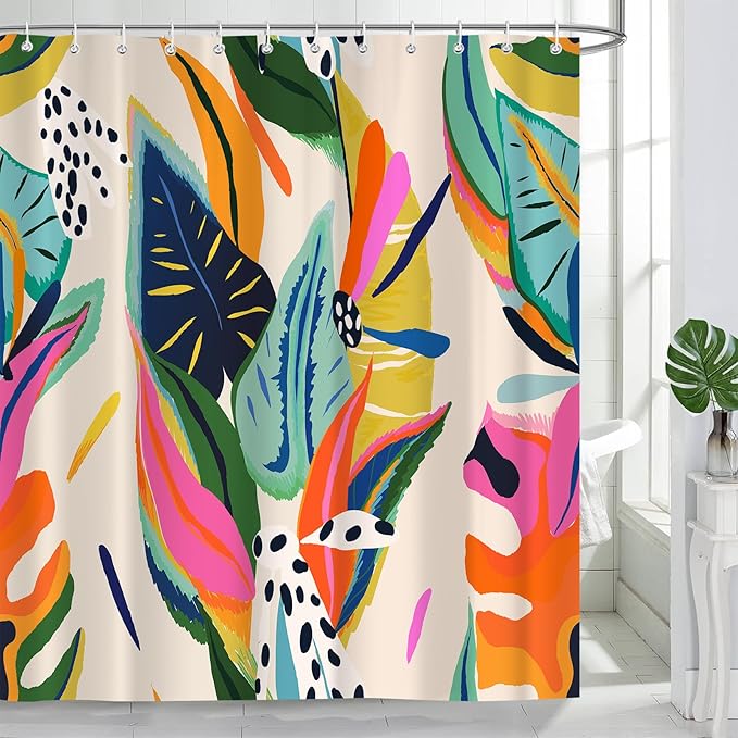 Boho Colorful Floral Shower Curtain, Abstract Art Modern Asthetic Jungle Plant Leaf Bathroom Curtain with 12 Hooks, Waterproof Polyester Fabric Bath Curtain with Hooks 72x72 Inch