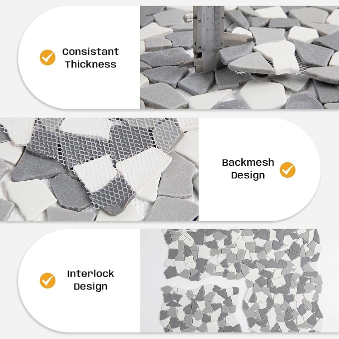 Grey Pebble Mosaic Tile, 12"x12" Backsplash Tiles, 5 SqFt | Slip-resistant Sliced Pebble for Bathroom, Kitchen, Shower Floors, Walls & Outdoor Areas, Mesh-Backed Easy to Install