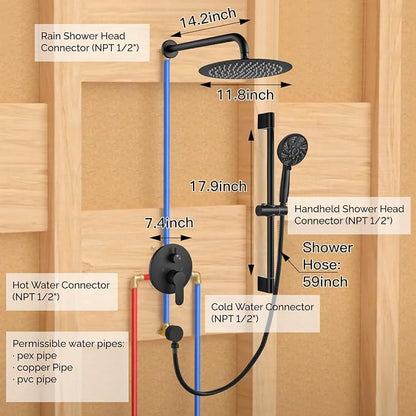 gotonovo Slide Bar Shower System Faucet Set Complete,Matte Black,12 Inch | Rain Round Shower Head with 6-Modes Handheld Spray,Valve and Trim Kit Included,Bathroom Wall Mount,All Metal,2-In-1 Diverter