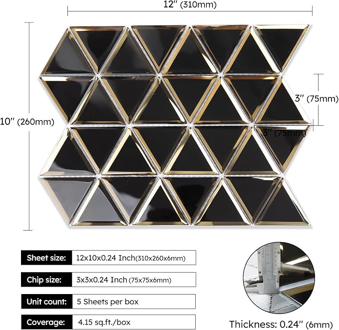 Beveled Mirror Glass Mosaic Tile, Glass Tile for Bathroom Kitchen Backsplash Shower Wall, Pack of 5 Sheets (Black and Gold, 3 Inch)