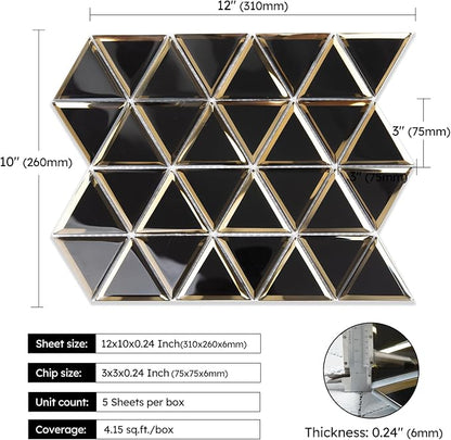 Beveled Mirror Glass Mosaic Tile, Glass Tile for Bathroom Kitchen Backsplash Shower Wall, Pack of 5 Sheets (Black and Gold, 3 Inch)