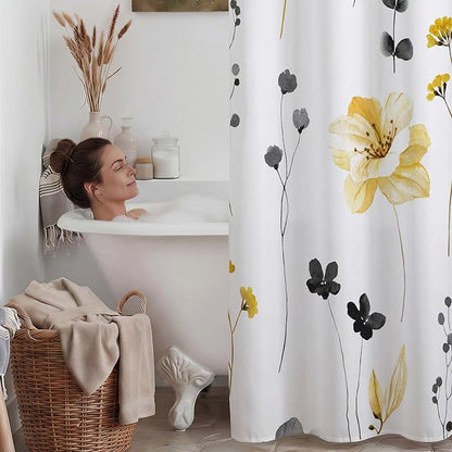No Hook Floral Shower Curtain with Liner, Yellow Gray, 71x74 | Snap in Liner, 3 in 1, Water Repellent, Easy Install, Machine Washable, Hotel Style for Bathroom, Watercolor Pattern