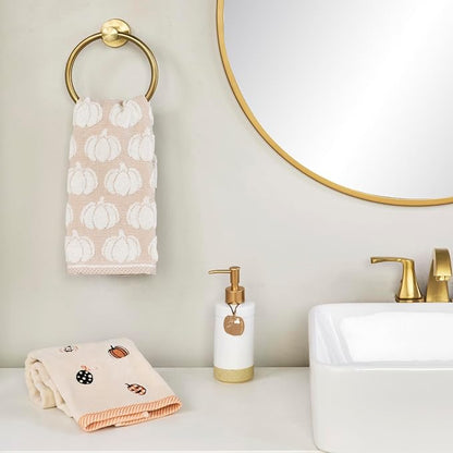 SKL Home Fall/Thanksgiving Pumpkin Hand Towel Set-2pc, Jacquard, Tan | 100% Cotton. Plush, absorbent & reversible. Great for use in the bathroom, kitchen, or bar. Also fun for Halloween & gifting.