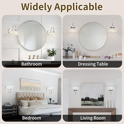 1 Piece Brushed Nickel Wall Sconce with Floral Clear Glass Shade, Brushed Nickel Finish Wall Mount Lighting for Bathroom, Modern Bathroom Vanity Light Fixture