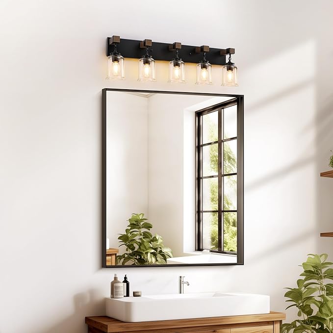 Farmhouse Bathroom Light Fixtures, 5 Light Black Vanity Light, Industrial Style with Clear Glass Shades, Wood Bathroom Lighting Fixtures Over Mirror for Bedroom, Living Room