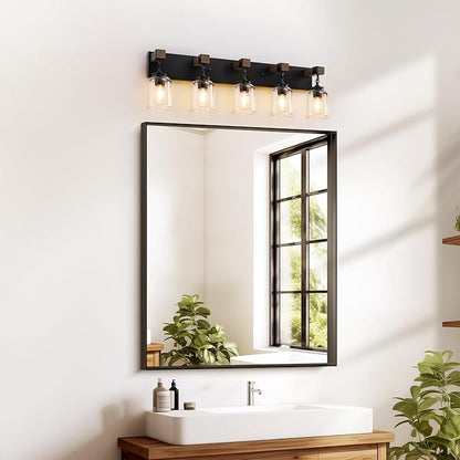 Farmhouse Bathroom Light Fixtures, 5 Light Black Vanity Light, Industrial Style with Clear Glass Shades, Wood Bathroom Lighting Fixtures Over Mirror for Bedroom, Living Room