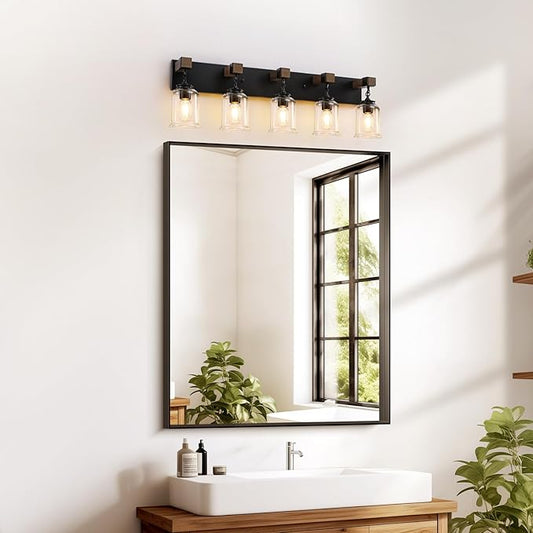 Farmhouse Bathroom Light Fixtures, 5 Light Black Vanity Light, Industrial Style with Clear Glass Shades, Wood Bathroom Lighting Fixtures Over Mirror for Bedroom, Living Room