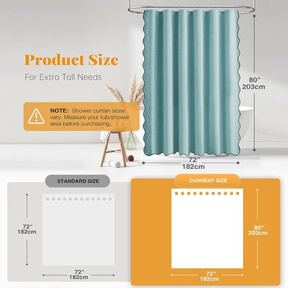 BTTN 72x80 Boho Scalloped Linen Textured Cloth Shower Curtain Set, Teal | Long Size, 230GSM Waterproof Polyester, Heavy Duty Fabric, 12 Plastic Hooks, Elegant Modern Farmhouse Style, Machine Washable