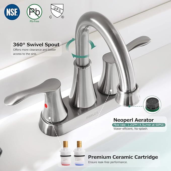 PARLOS Swivel Spout 2-Handle Brushed Nickel Bathroom Sink Faucet with Metal Pop-up Drain and Faucet Supply Lines, Demeter 13627