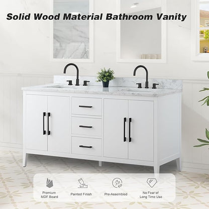 HomeBeyond 72 Inch Bathroom Vanity with Sink & Ceramic Top, Double Vanity Cabinet with Basin, Soft-Closing Doors & Matte Black Hardware, White