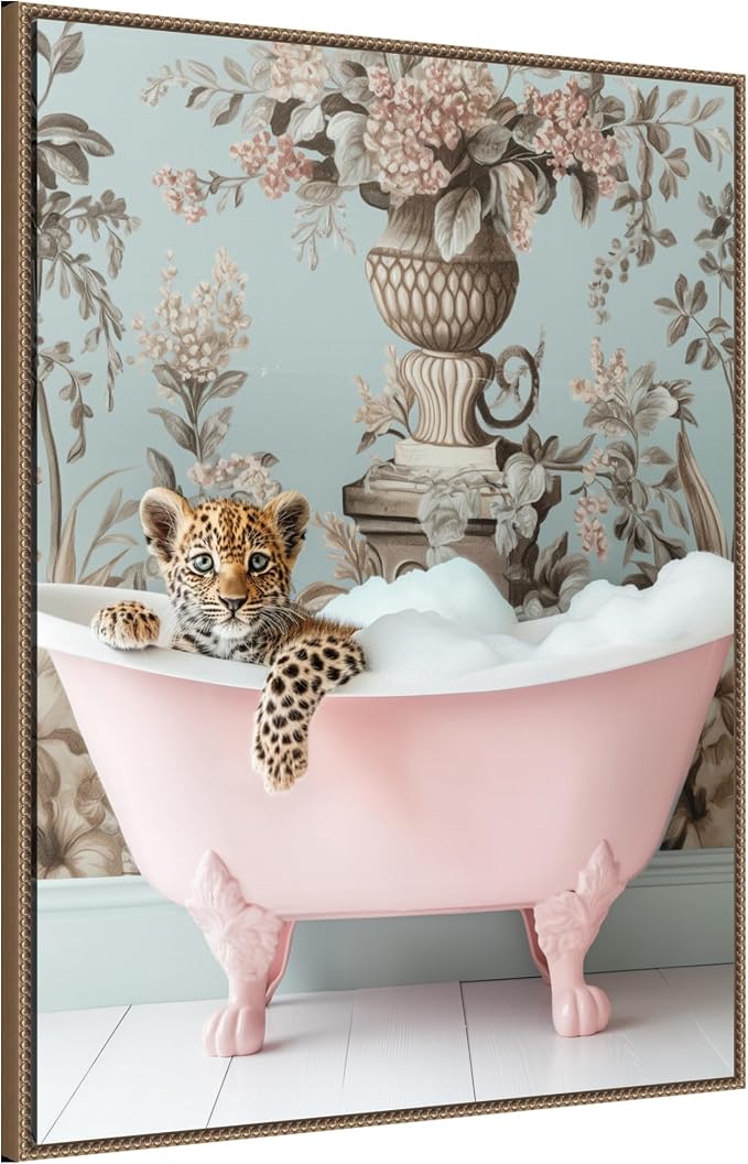 Amanti Art Framed Canvas Wall Art 42x32 Leopard Pink Bubble Bath by Niky Rahner, Framed Wall Art Canvas, Animals Artwork, Traditional Decor, Oversize Poster Painting for Living Room, Bedroom, Bathroom