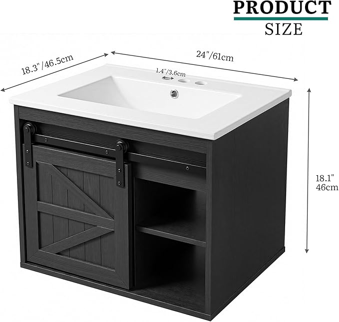 DWVO 24" LED Bathroom Vanity with Sink, Farmhouse Sliding Barn Door Bathroom Cabinet, Bathroom Vanities, Wall Mounted Floating Cabinet for Small Spaces