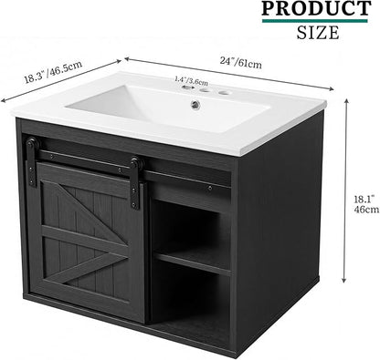 DWVO 24" LED Bathroom Vanity with Sink, Farmhouse Sliding Barn Door Bathroom Cabinet, Bathroom Vanities, Wall Mounted Floating Cabinet for Small Spaces