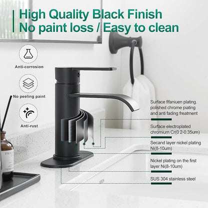 VOTON Black Bathroom Faucets, Single Handle Bathroom Sink Faucet Modern Waterfall Bathroom Faucet 1 or 3 Holes with Deck Plate, Rv Camper Farmhouse Bathroom Utility Remodel Mixer Tap Washbasin Faucet
